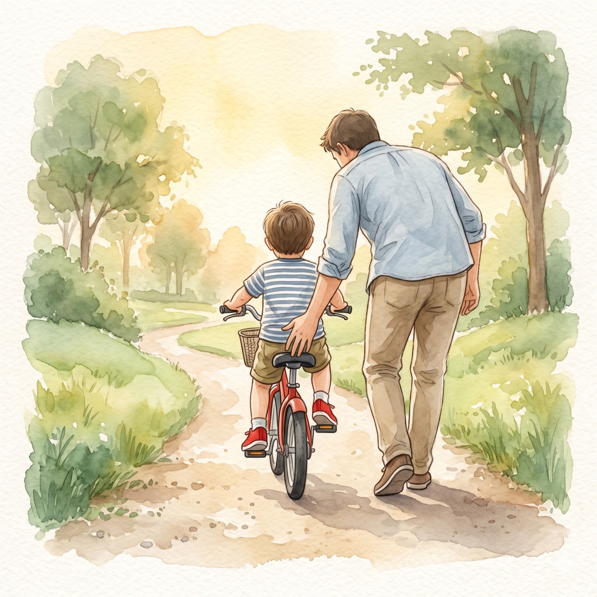 補助輪なしの自転車を支える親と、赤い靴の子ども