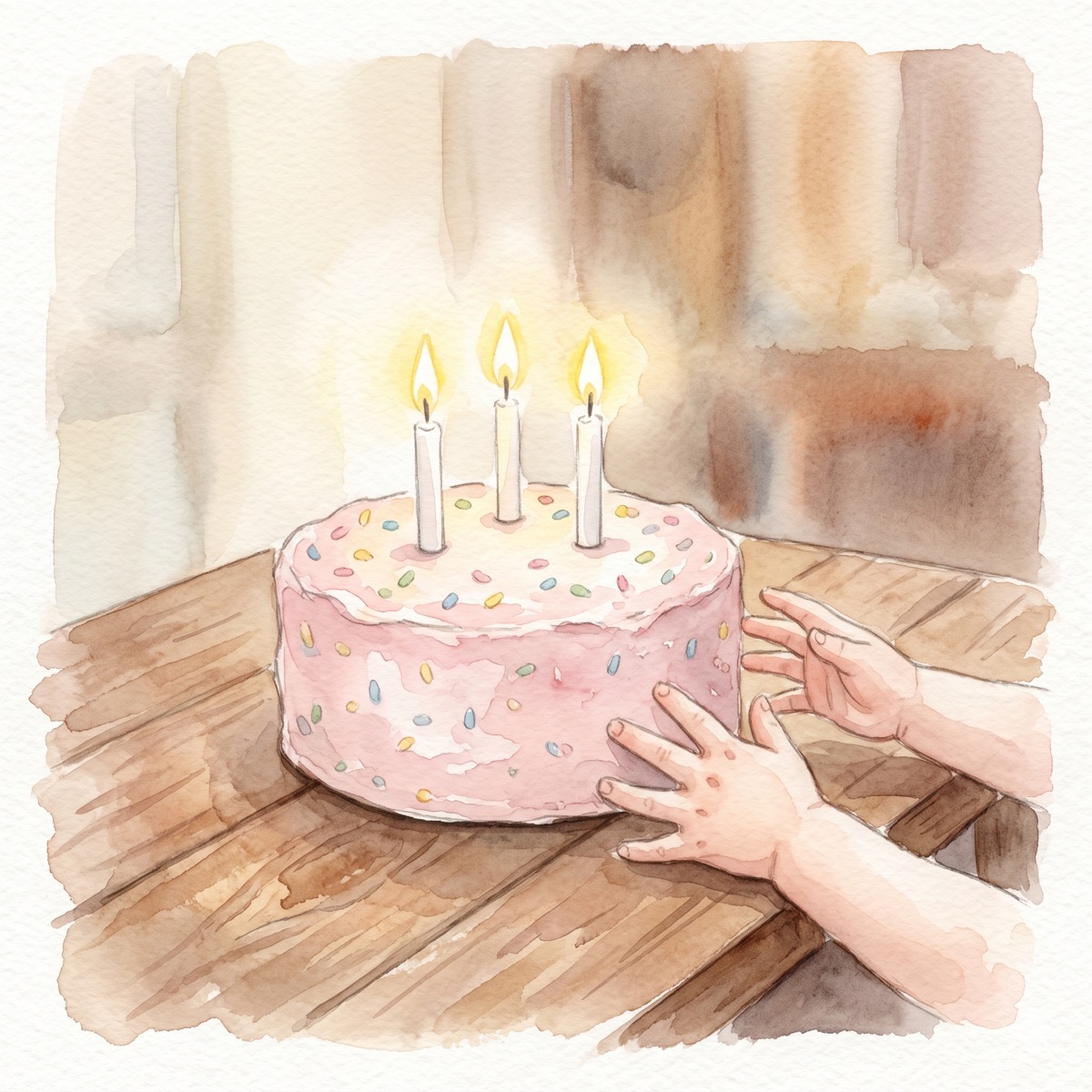 3本のろうそくが灯る誕生日ケーキに伸ばされた、小さな手