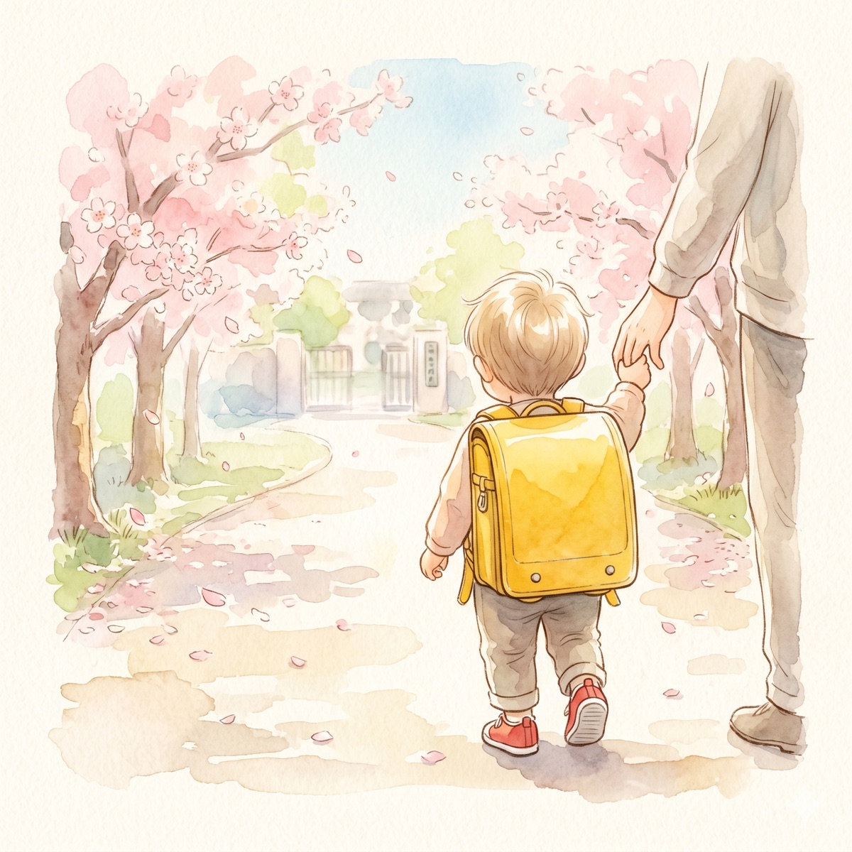 桜の下、黄色のランドセルと赤い靴で初登園する子ども