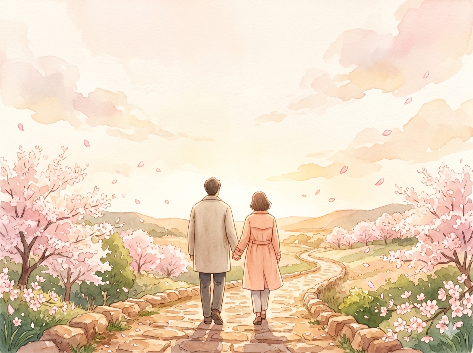 桜の咲く道を、寄り添って歩く二人