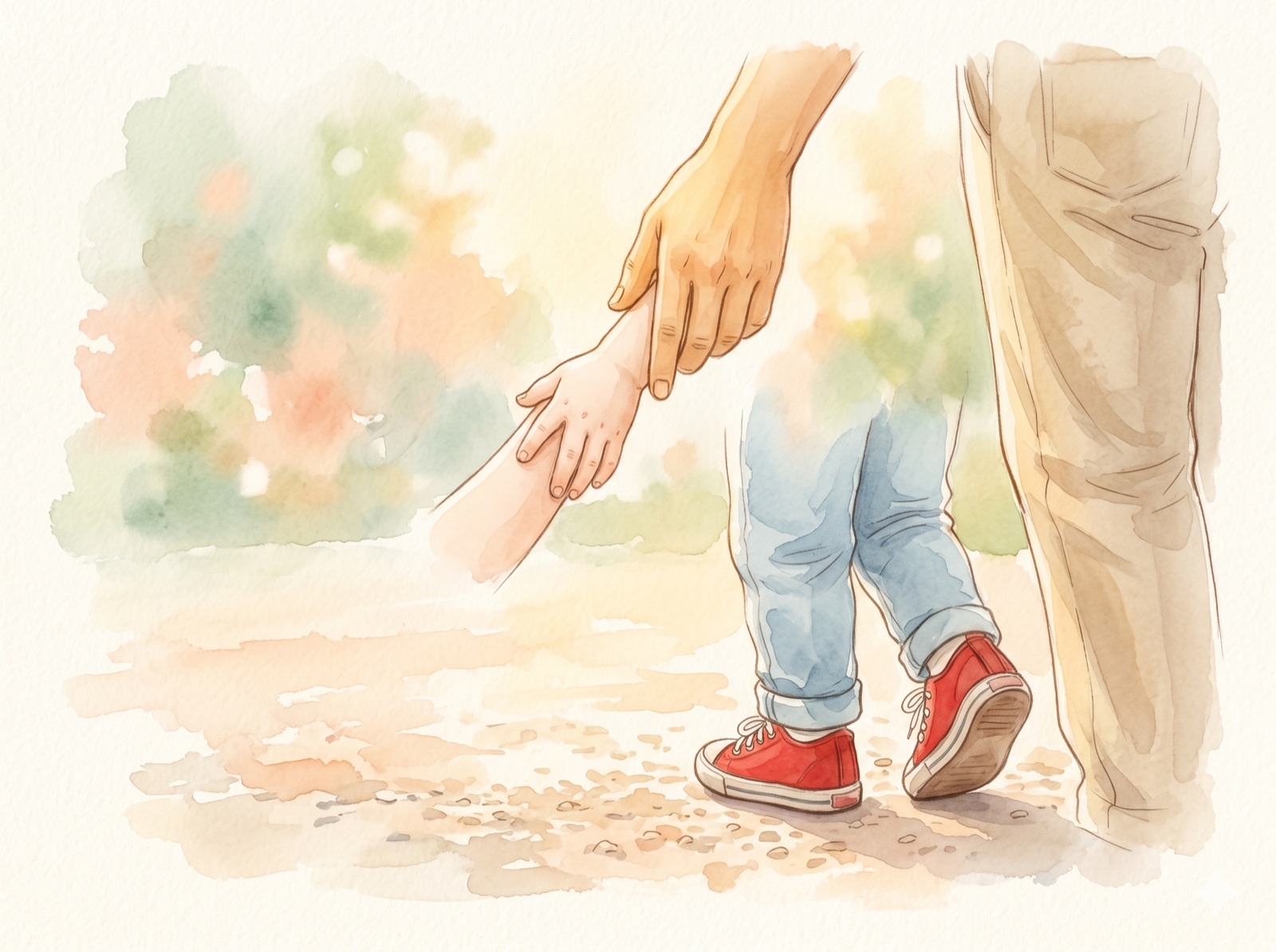 赤い小さな靴の子どもと、手をつなぐ親