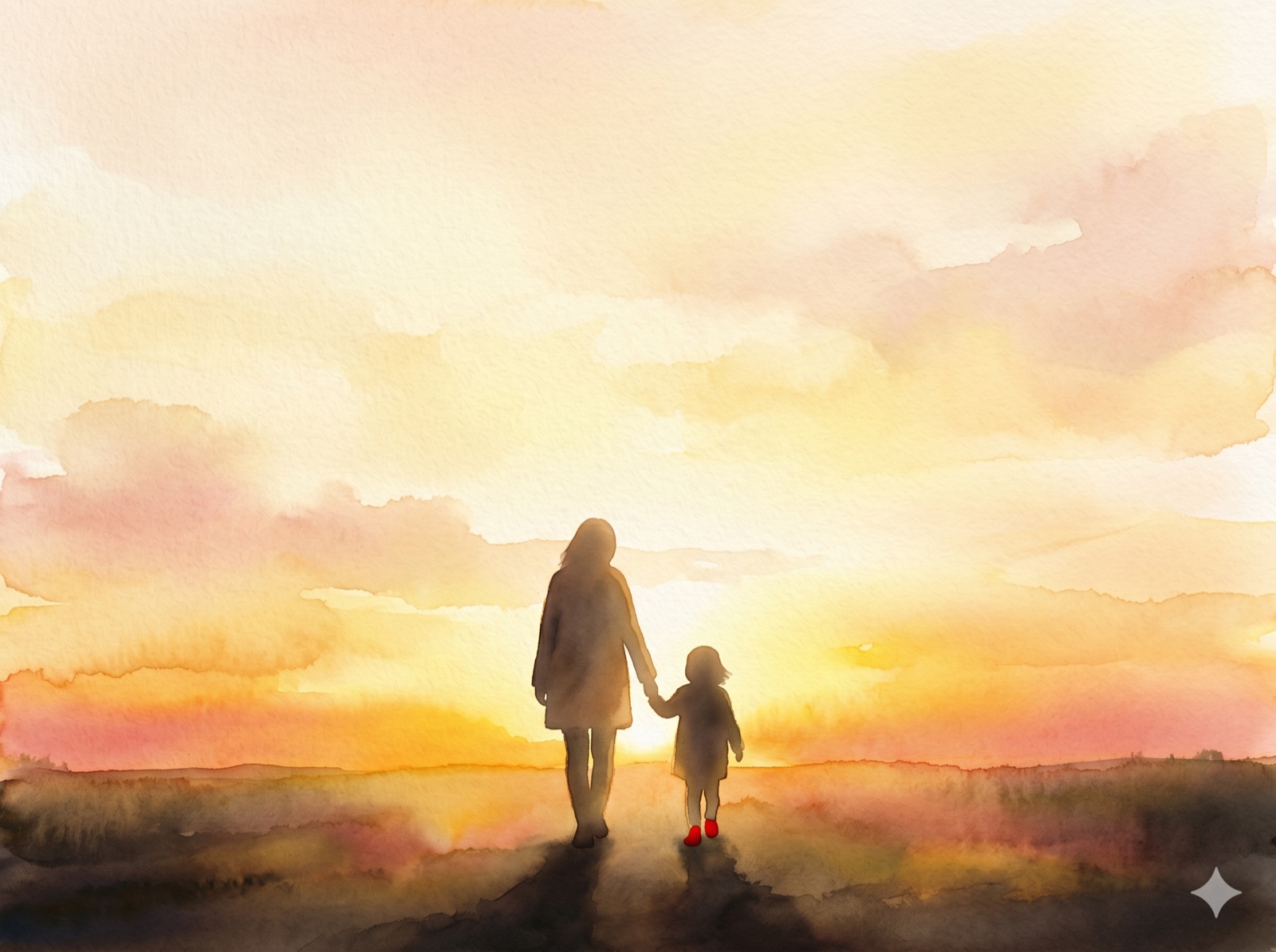 夕陽の中、手をつないで歩く親子のシルエット